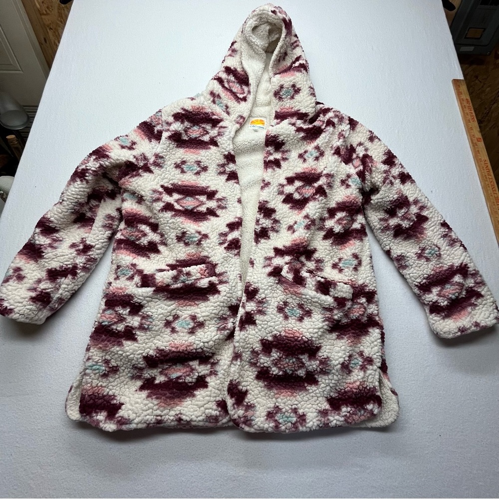 C&C CALIFORNIA Open Aztec Chunky Coat Women's Medium Cream w/Burgundy & Pink